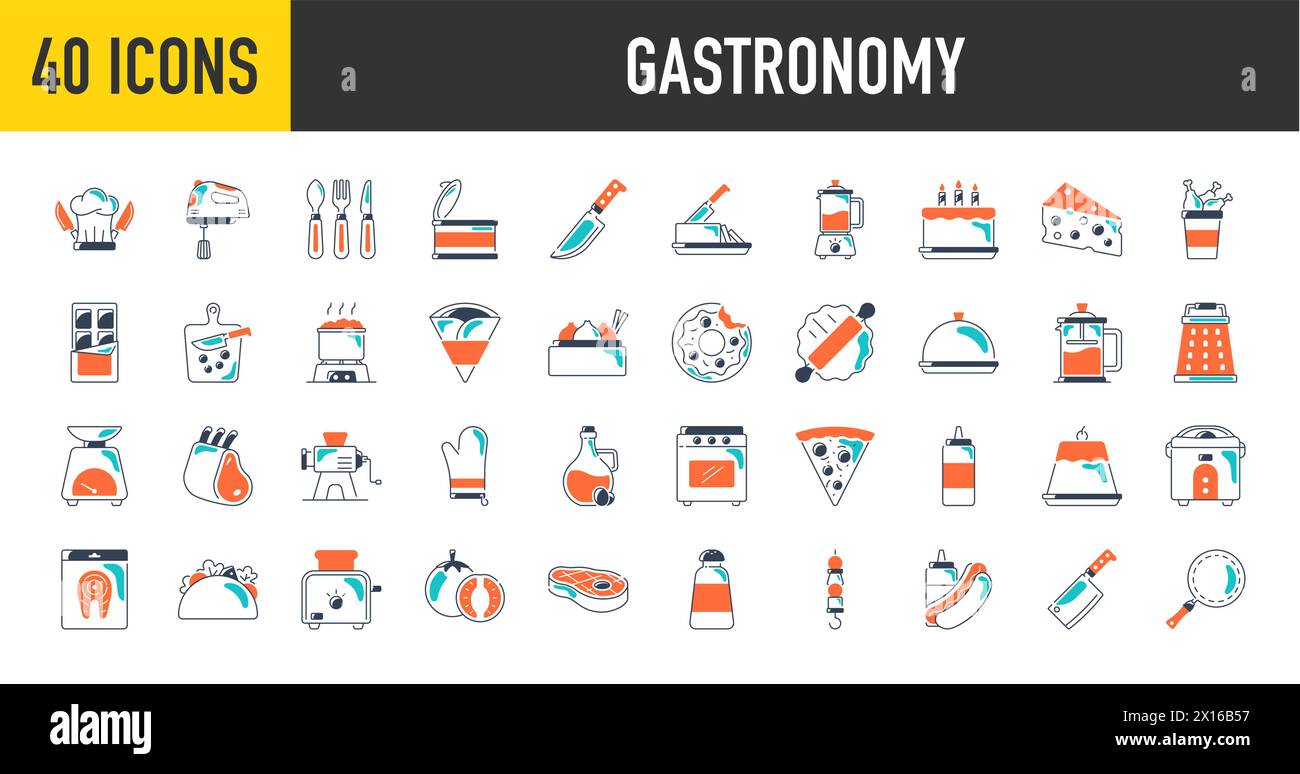 40 gastronomy universal icons set with Apple, Steak, Menu, Oyster, Fast food, Lemon, Coffee beans, Gin, Lime, Lemon vector illustration. Stock Vector