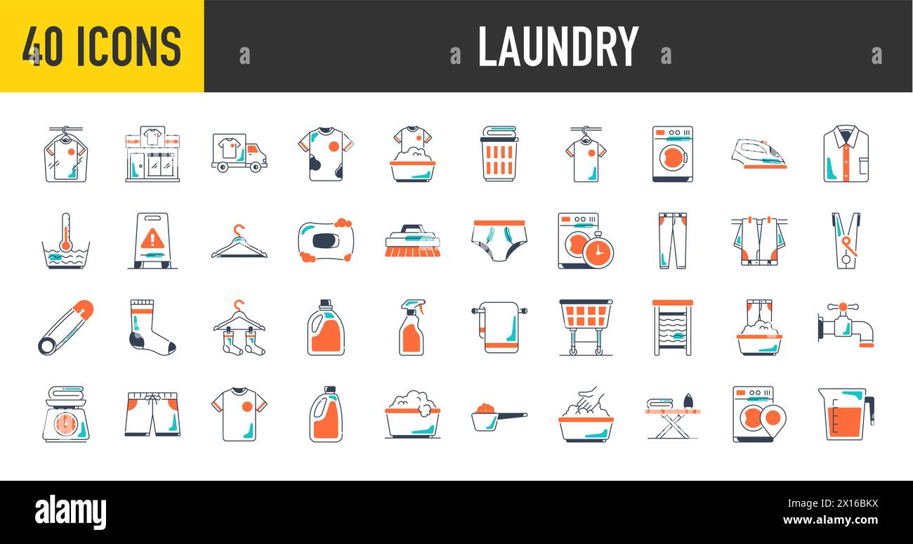 Vector set of laundry icons with of hand washing, dress, iron, washing powder for website and app Stock Vector