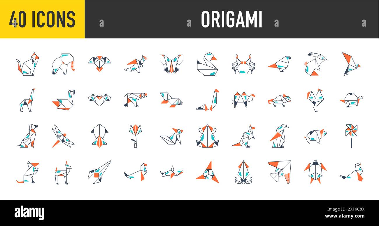 Origami Folded Paper Animals Shapes. Bird, Crane, Cat, Dog, Rhino, Fox, Mouse, Elephant. Flat Icon Illustration Set Collection Stock Vector