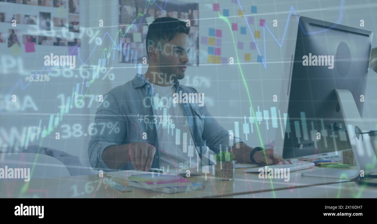 Image of mathematical binary coding processing over students using computers Stock Photo
