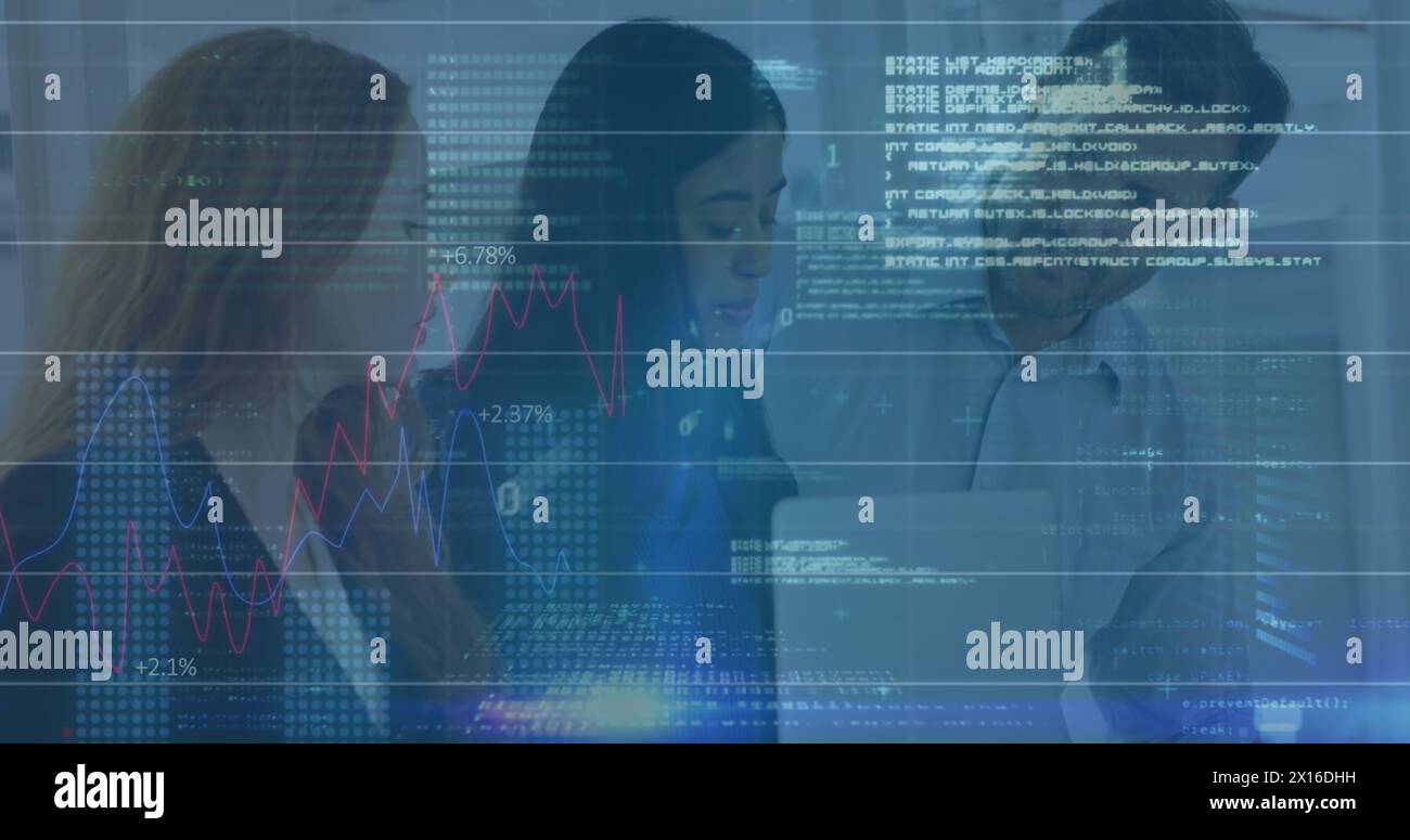 Image of graphs, binary codes, computer language over diverse coworkers sharing ideas in office Stock Photo