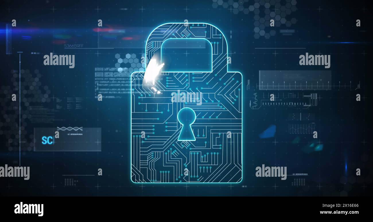 Image of online security padlock and data processing Stock Photo