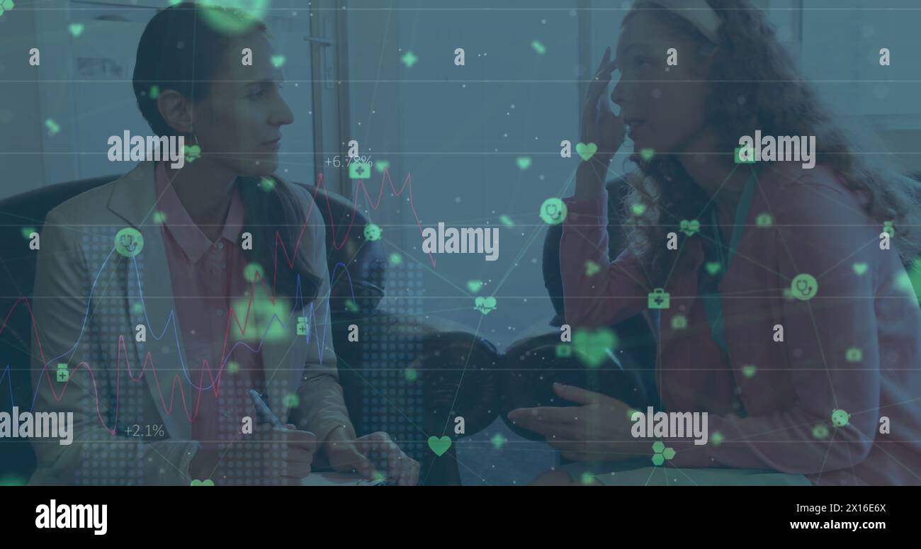 Image of connected icons, graphs on caucasian woman having conversation with female psychiatrist Stock Photo