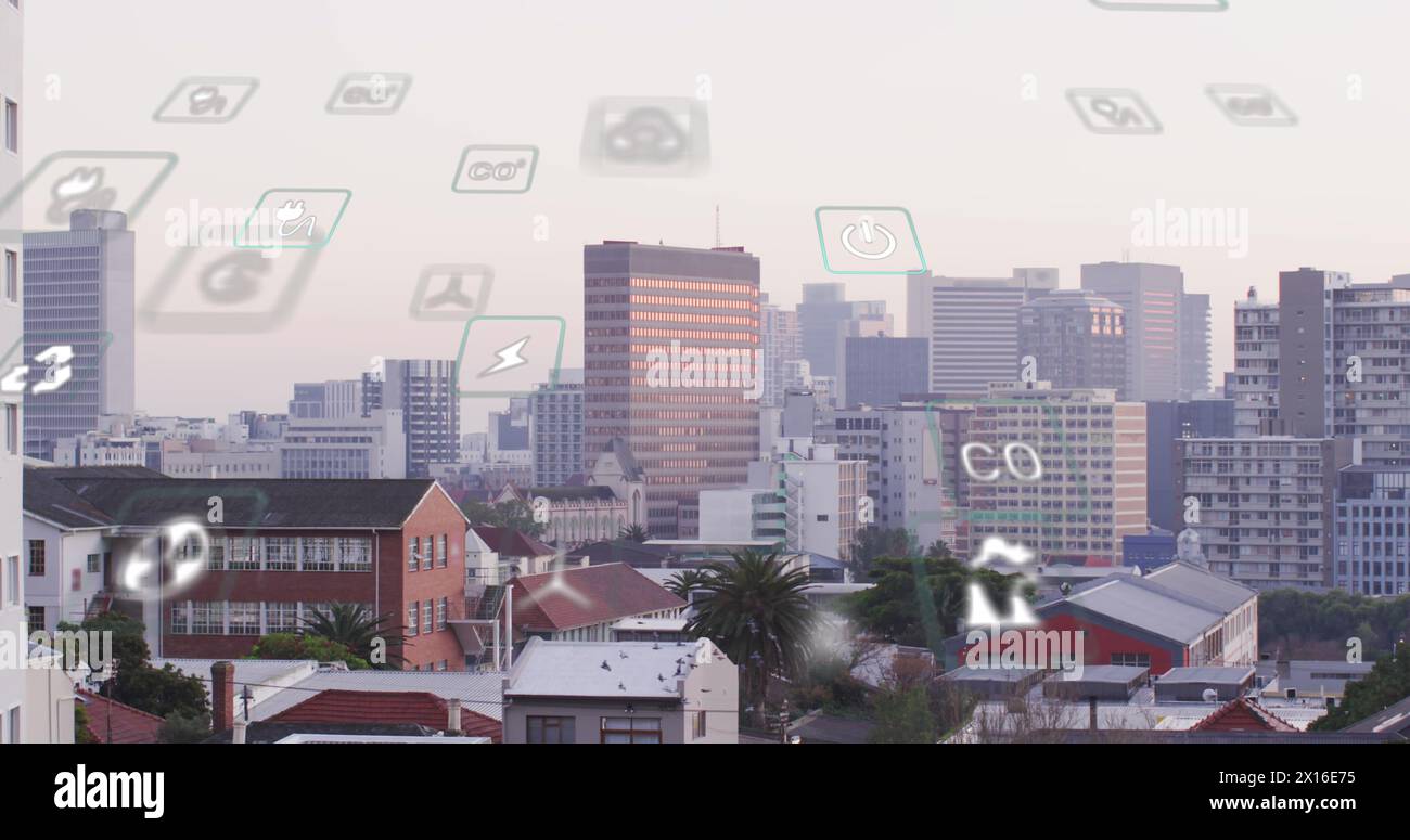 Image of eco icons and data processing over cityscape Stock Photo