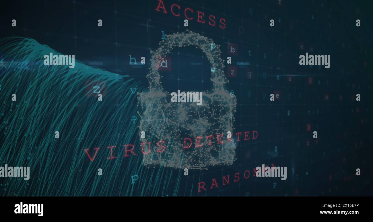 Image of online security padlock and virus warning with data processing Stock Photo