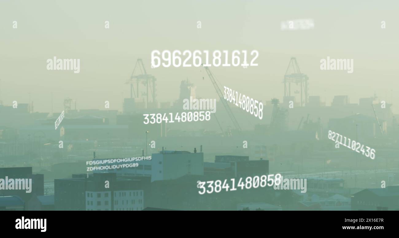 Image of numbers and data processing over cityscape Stock Photo