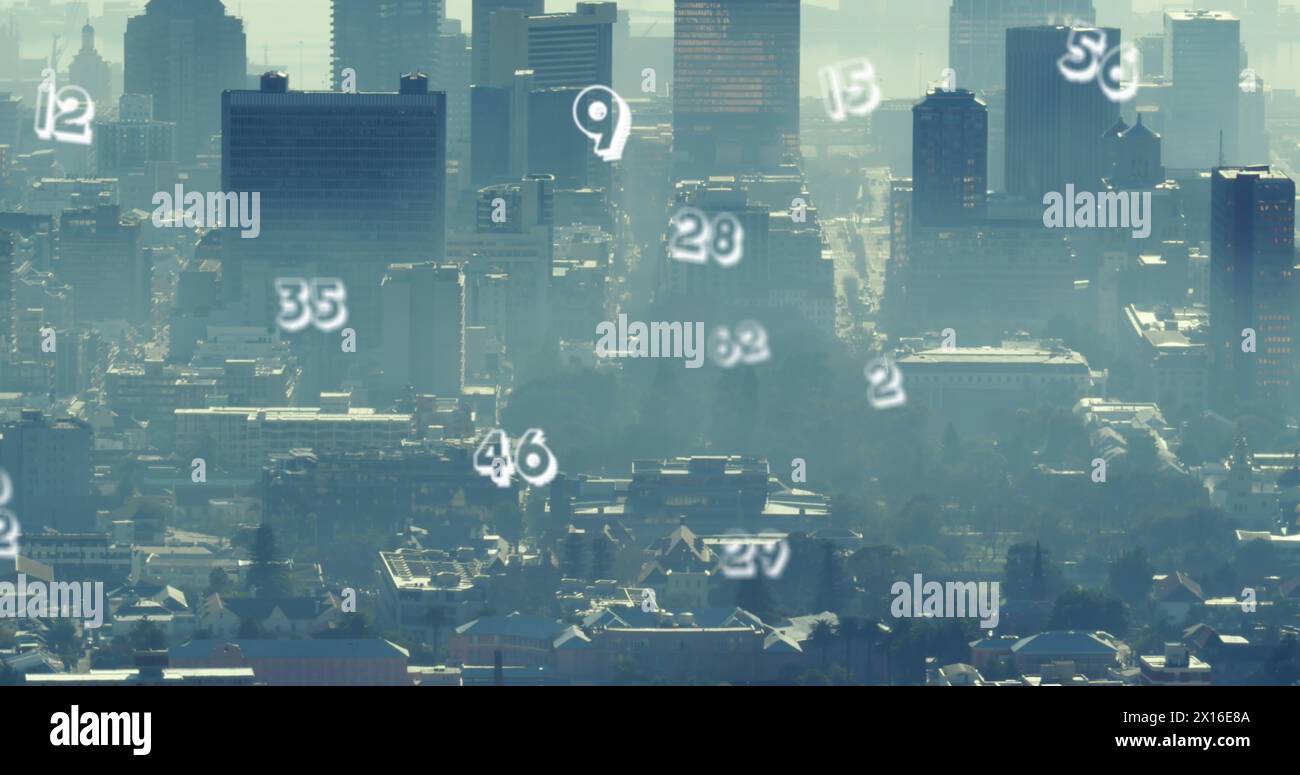 Image of numbers and data processing over cityscape Stock Photo