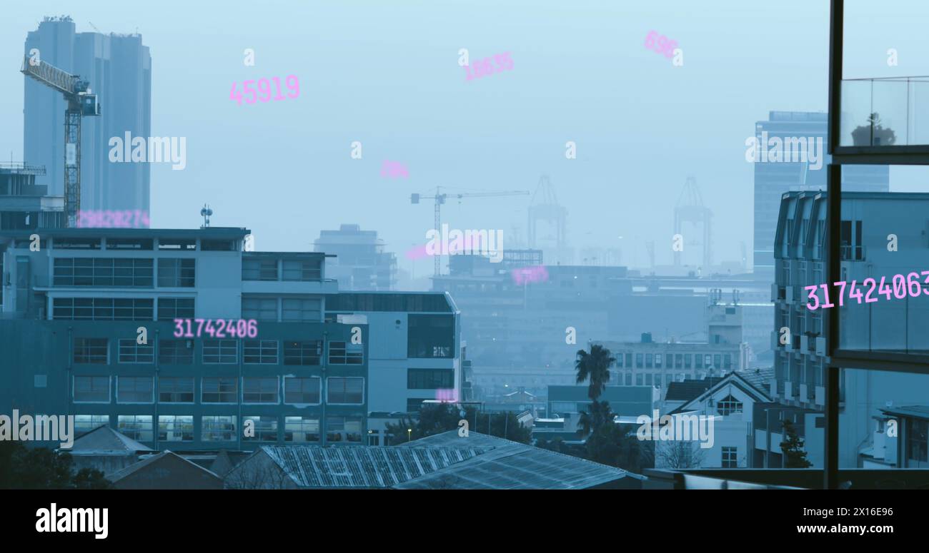 Image of numbers and data processing over cityscape Stock Photo