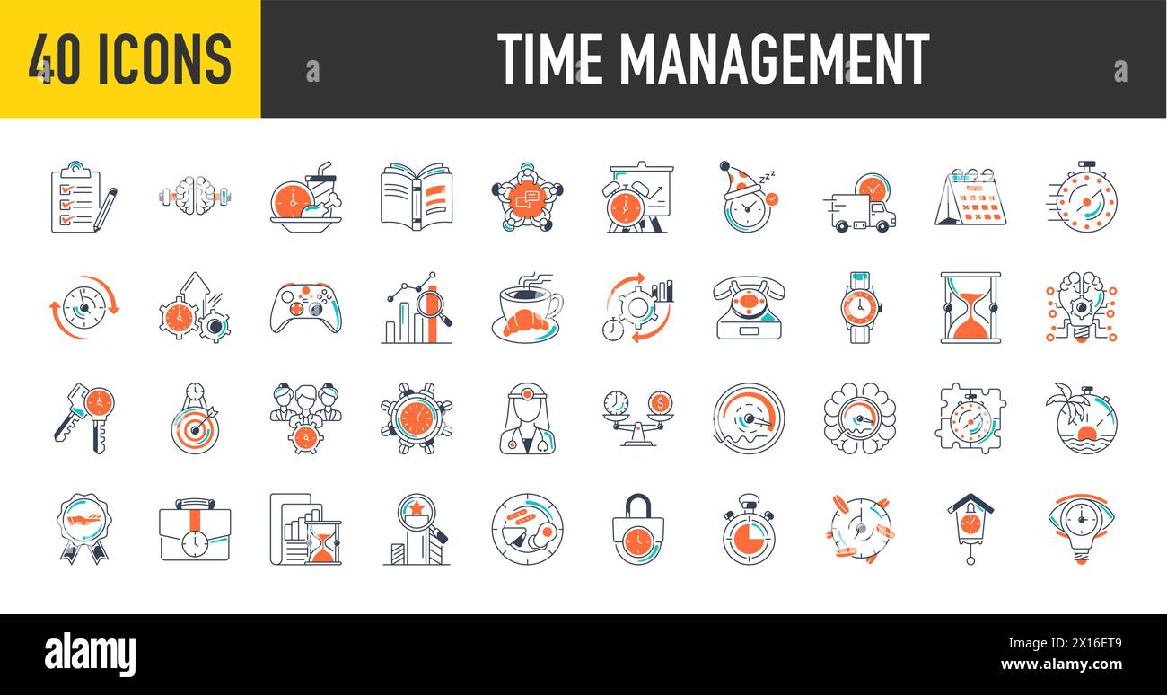 Time Management icon set. Contains icons such as calendar, calendar, watch, overtime, planning and more. Stock Vector