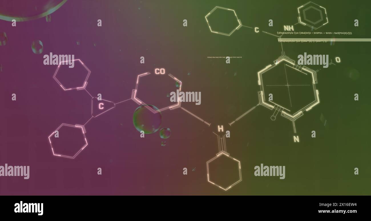 Image of chemical formula over bubbles on green background Stock Photo