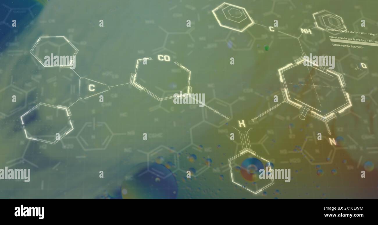 Image of chemical formula over bubbles on yellow background Stock Photo