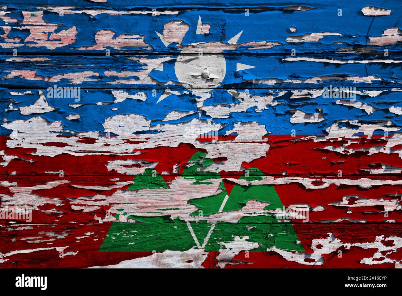 Flag of the Wa State (Myanmar) painted on a grunge wooden board Stock