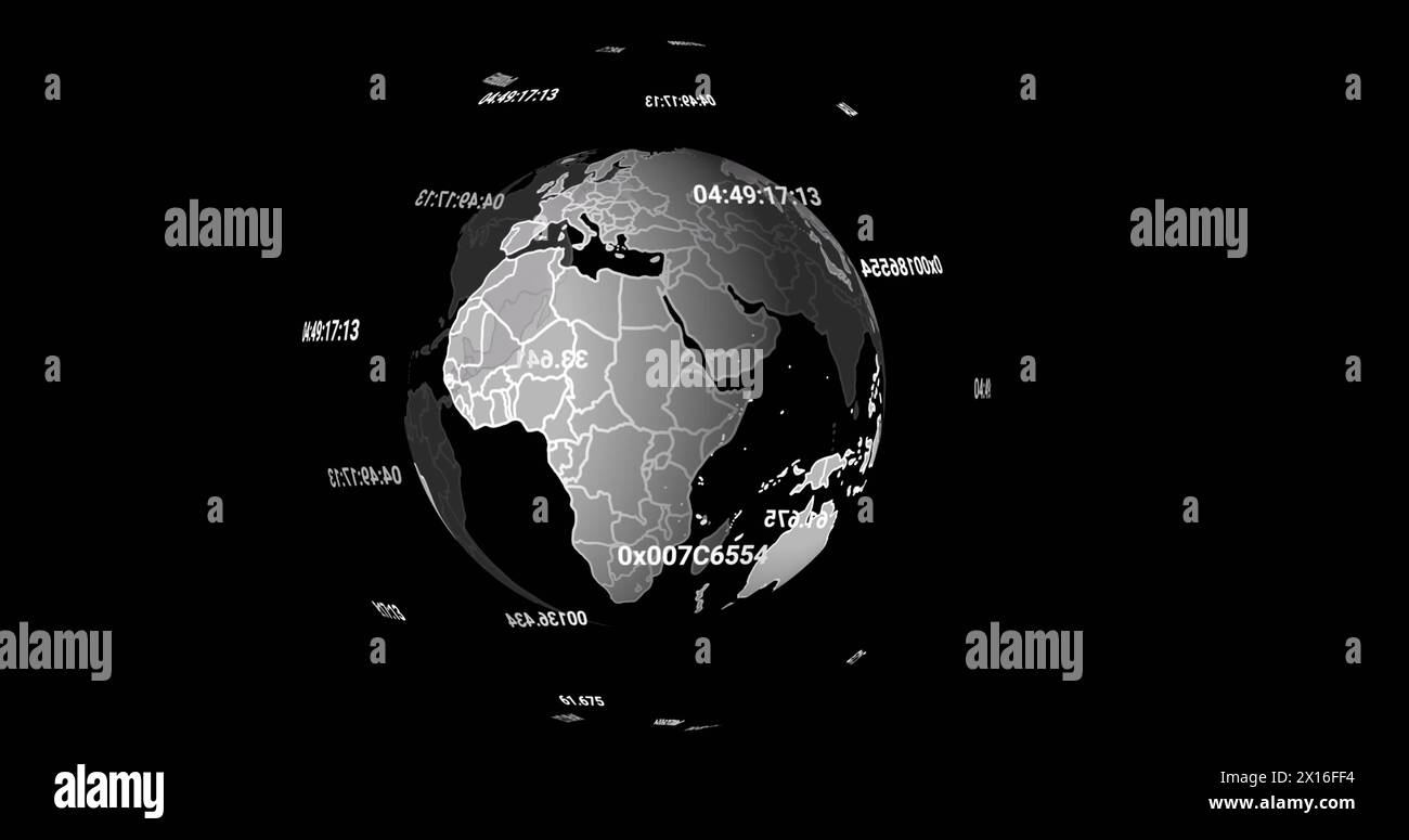 Image of globe with data processing spinning on black background Stock Photo