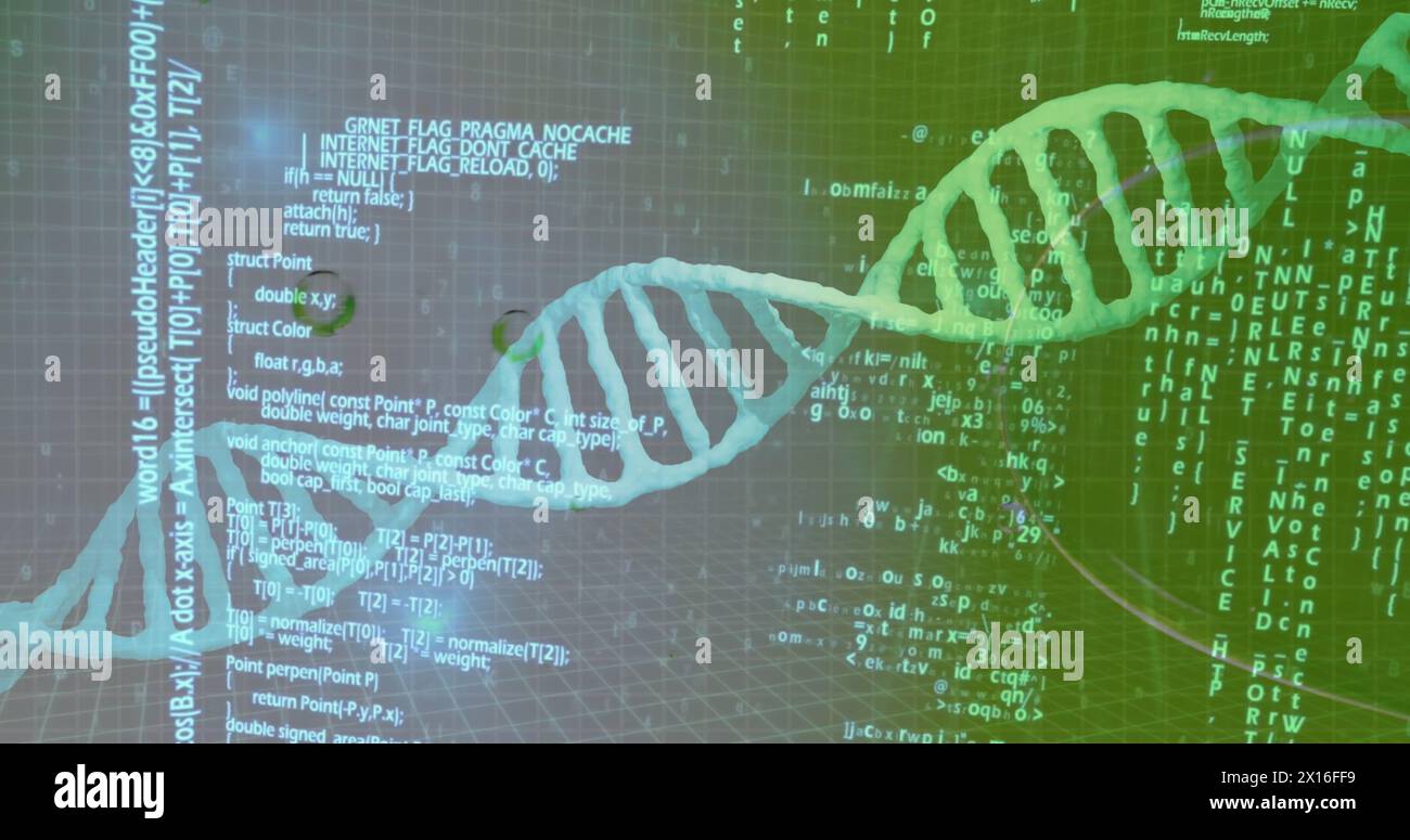 Image of data processing over bubbles and dna strand on green background Stock Photo