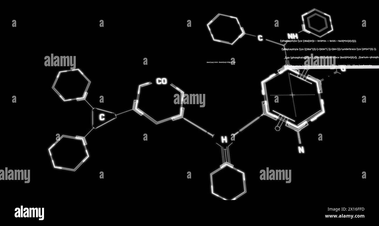 Image of chemical structures and data processing against black background Stock Photo
