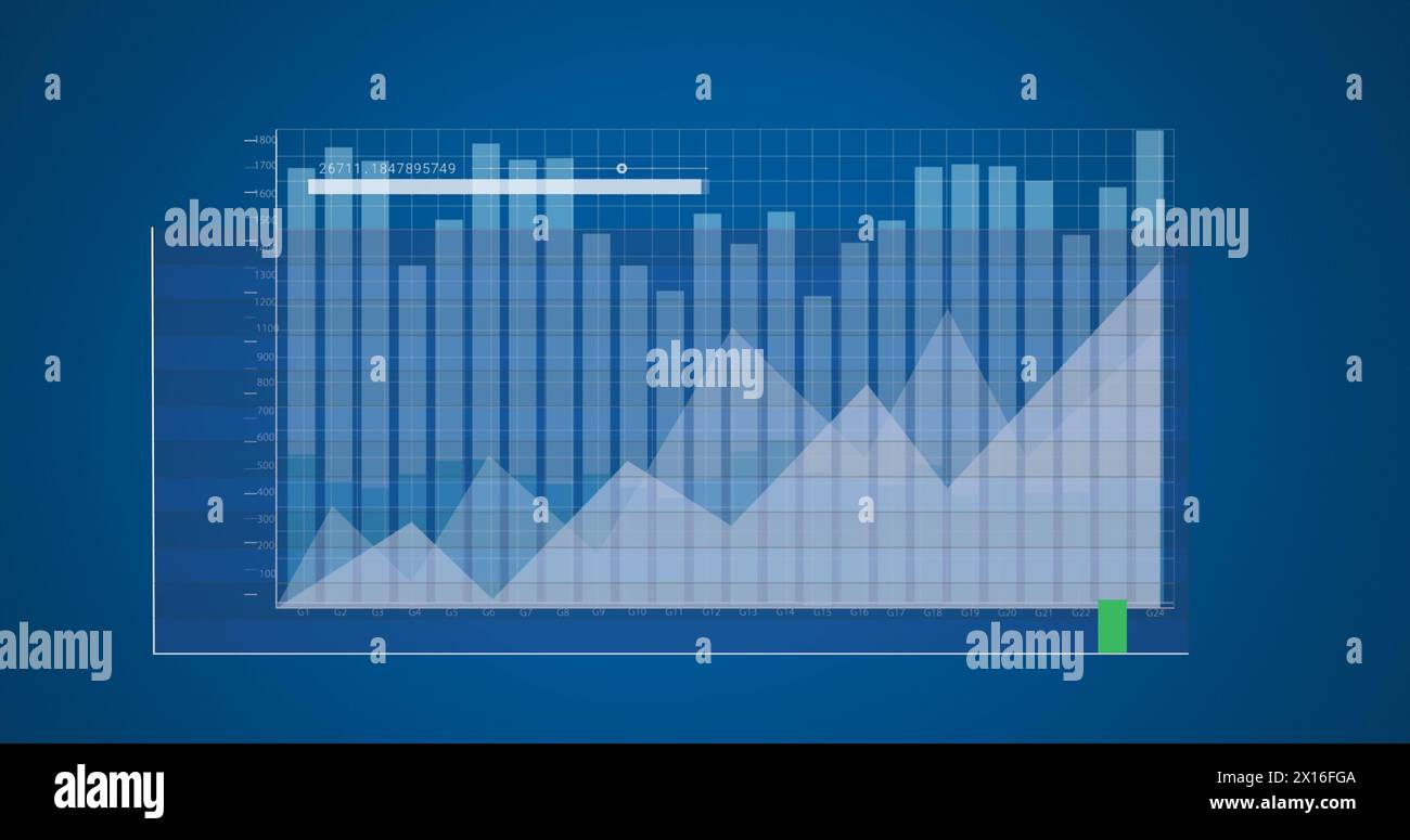 Image of multiple graphs and loading bar with changing numbers over blue background Stock Photo
