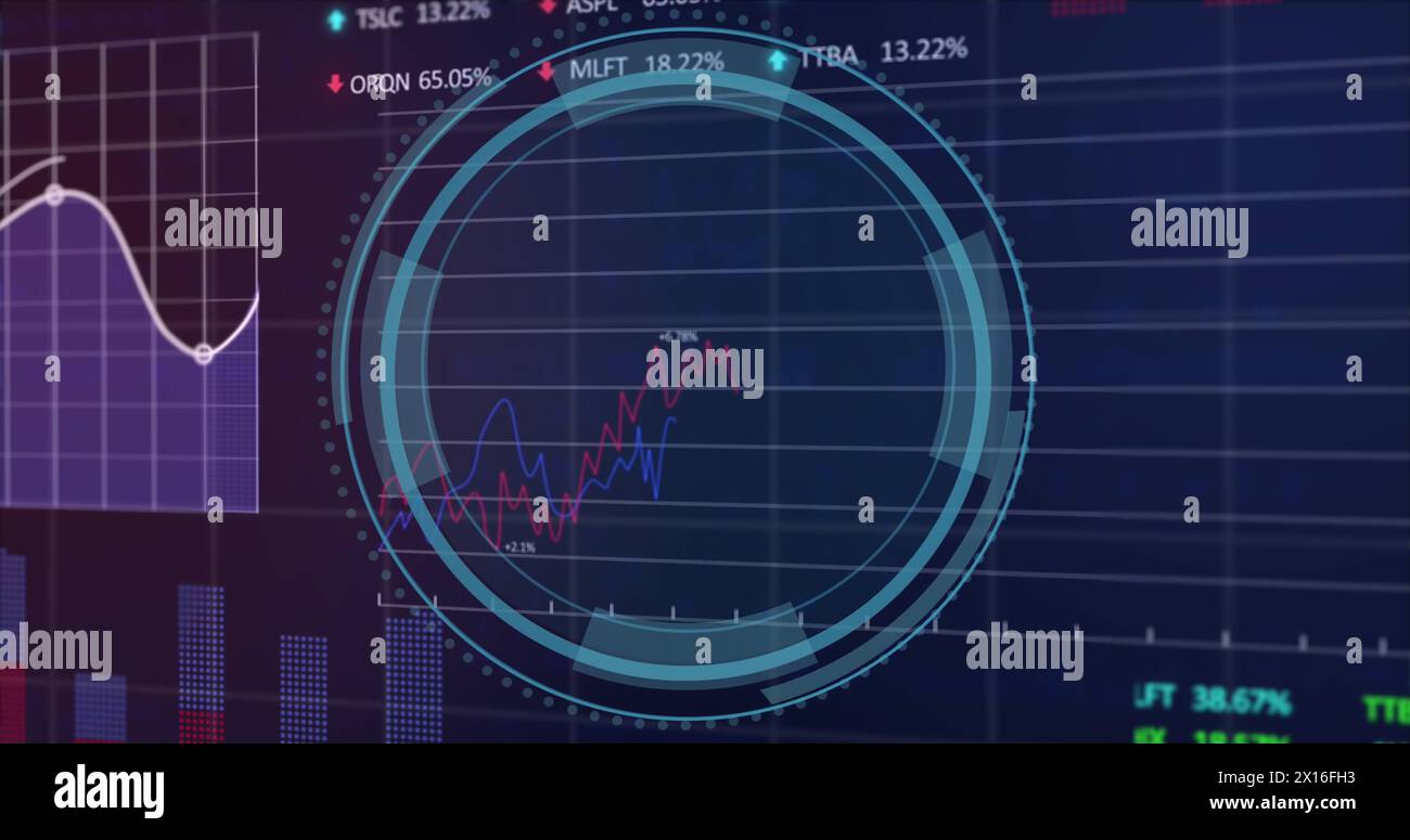 Image of shield in loading circles over multiple graphs, trading boards and computer language Stock Photo