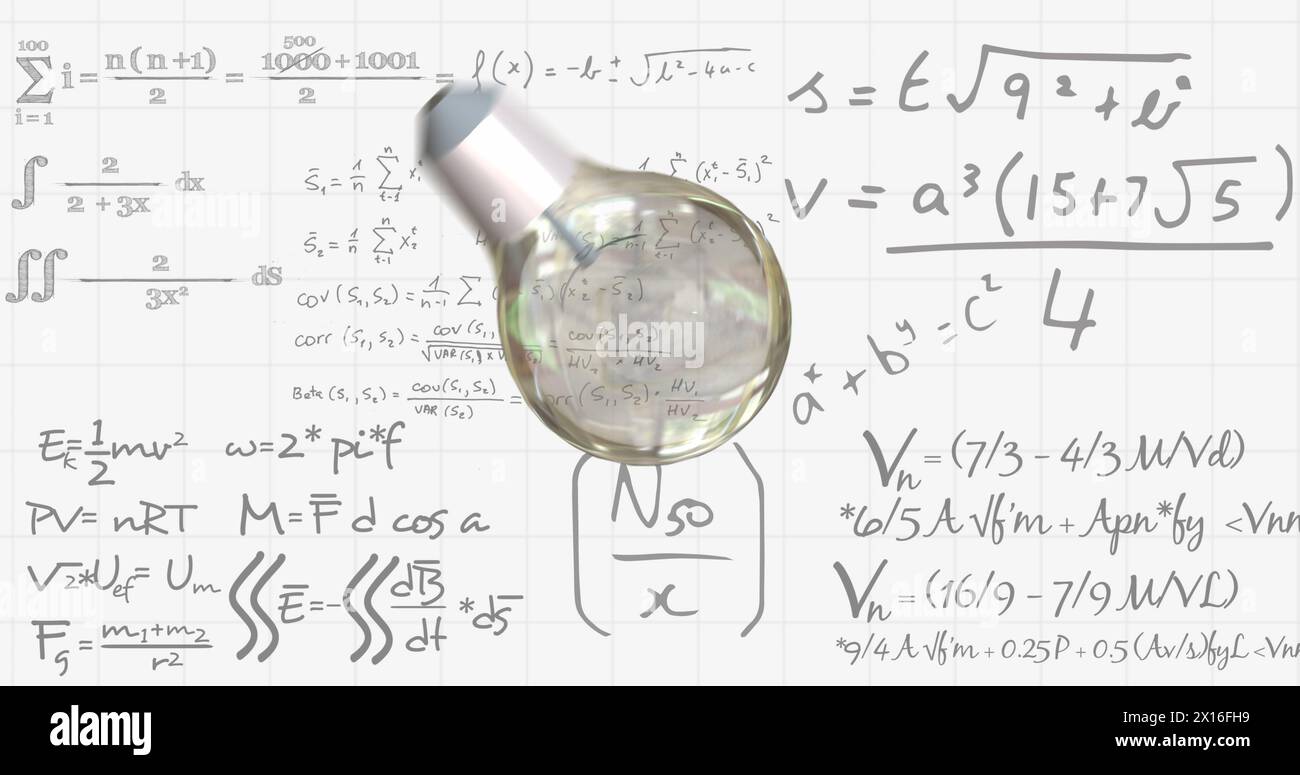 Image of lightbulb over mathematical data processing Stock Photo
