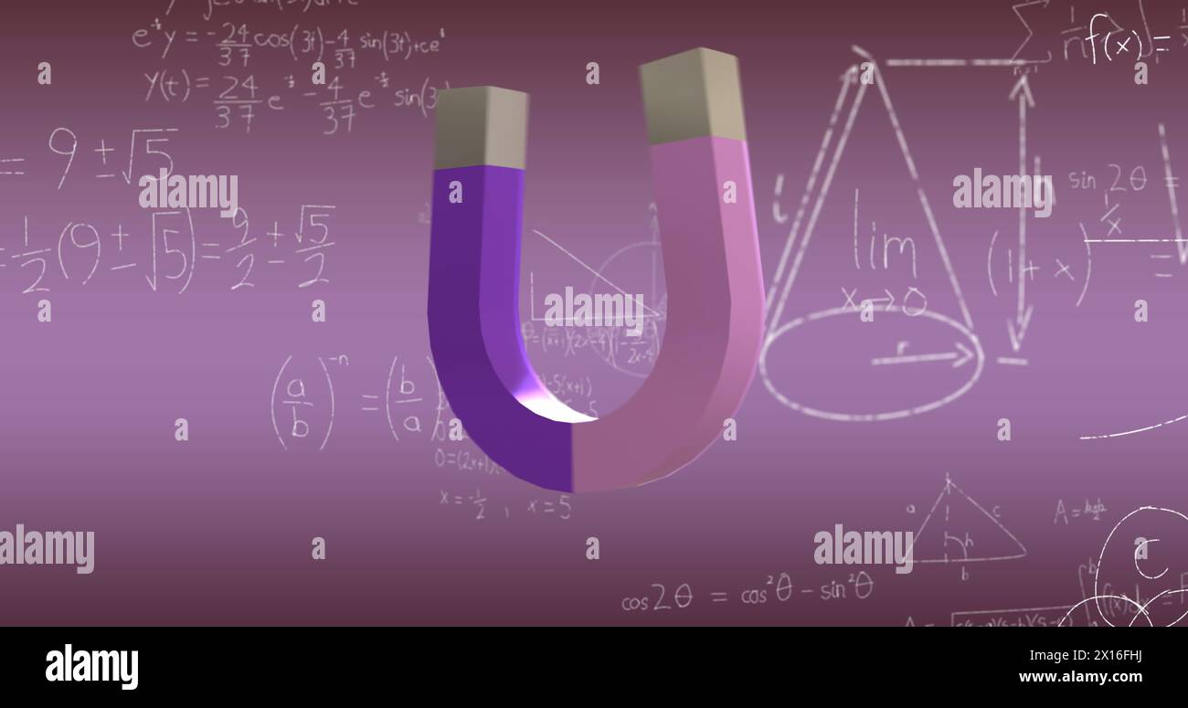 Image of horseshoe magnet over mathematical data processing Stock Photo