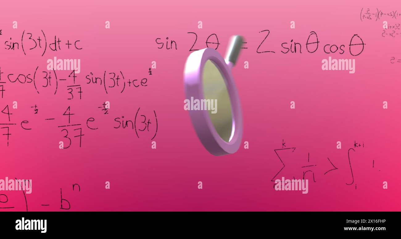 Image of magnifying glass over mathematical data processing Stock Photo