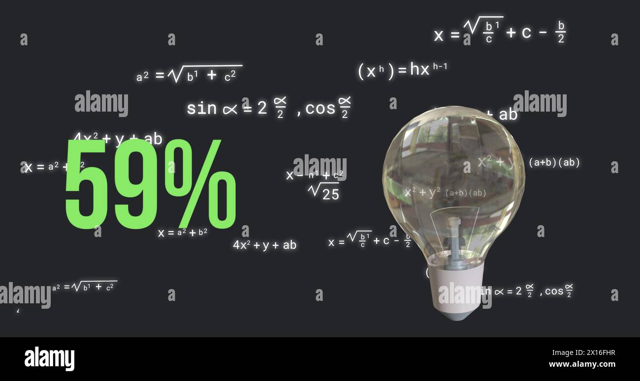 Image of lightbulb and percent over mathematical data processing Stock Photo