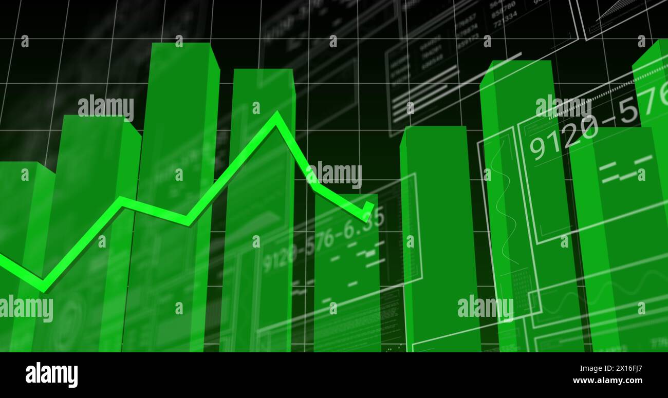 Image of interface with statistical data processing against black background Stock Photo