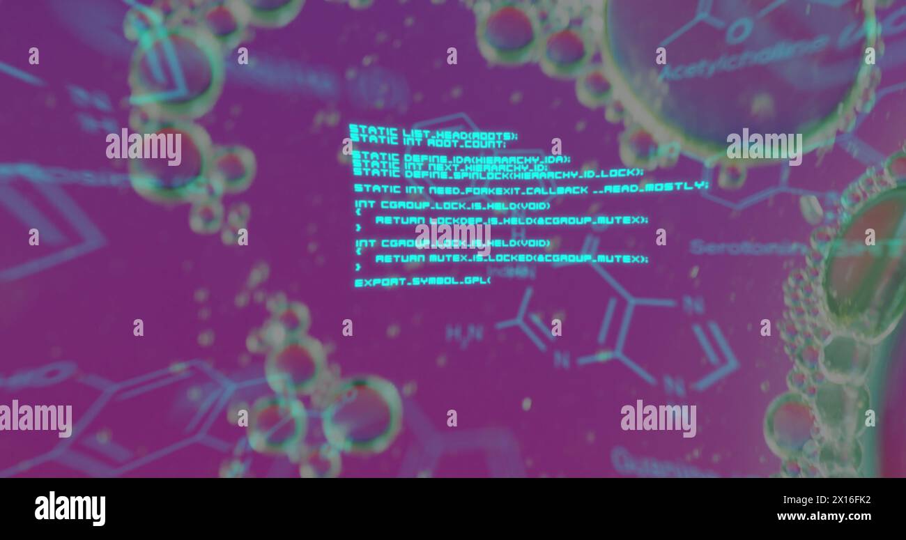 Image of chemical formula over bubbles on purple background Stock Photo