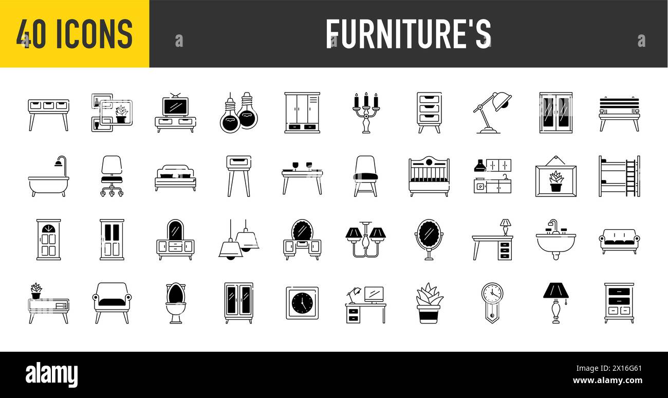 Set of icons related to home furniture, appiliance, decoration. Icon collection. Vector illustration Stock Vector