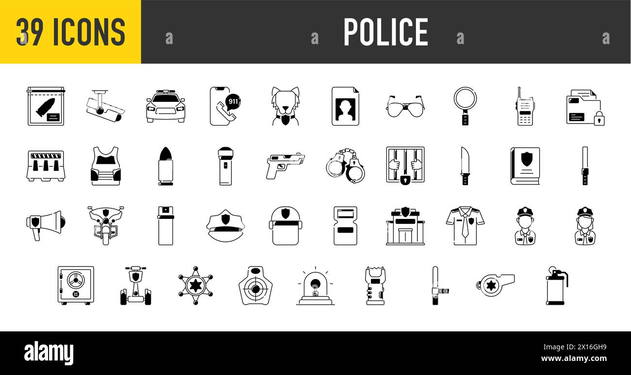 Police icon set. Containing car, dog, gun, police station, walkie talkie, bike, handcuffs and emergency call icons. Solid icon collection. Stock Vector
