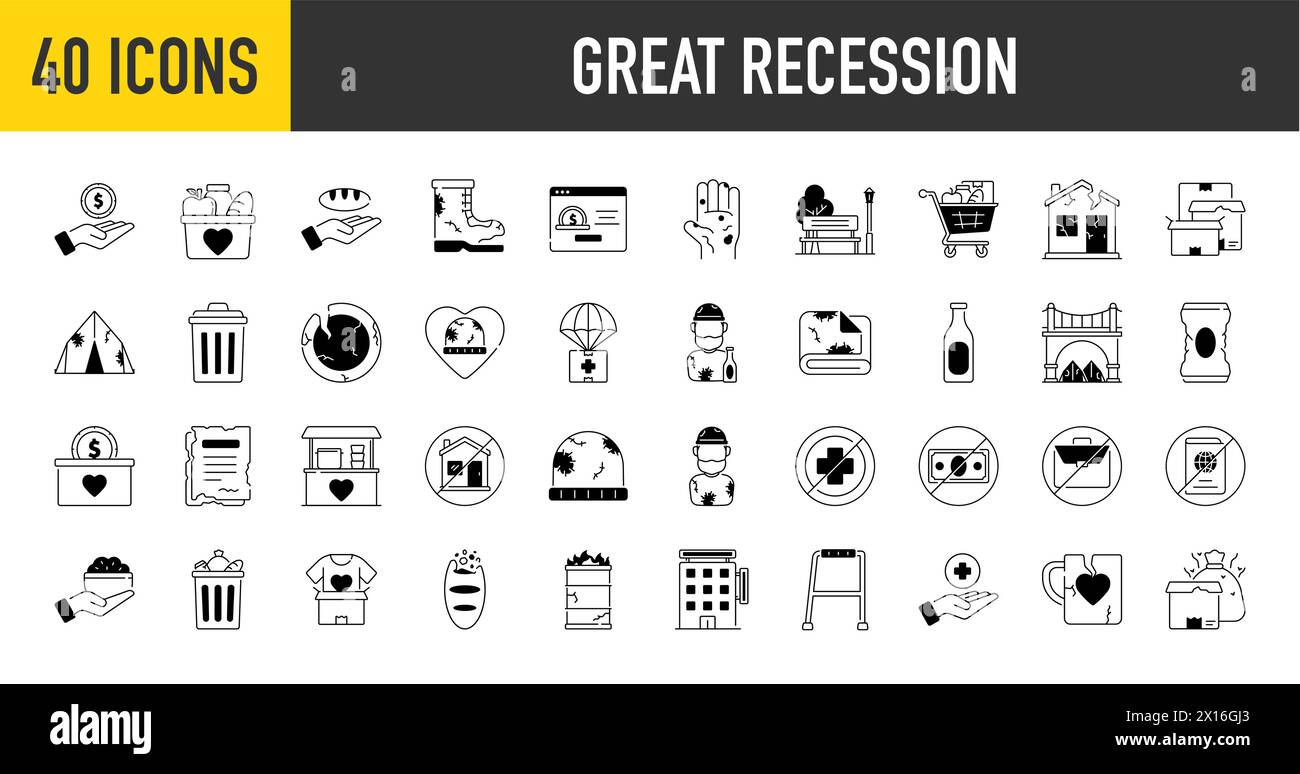 Great recession economic crisis web icon set premium style. Decrease, layoff, job fired, pay cuts, low cost, collection. Vector illustration. Stock Vector