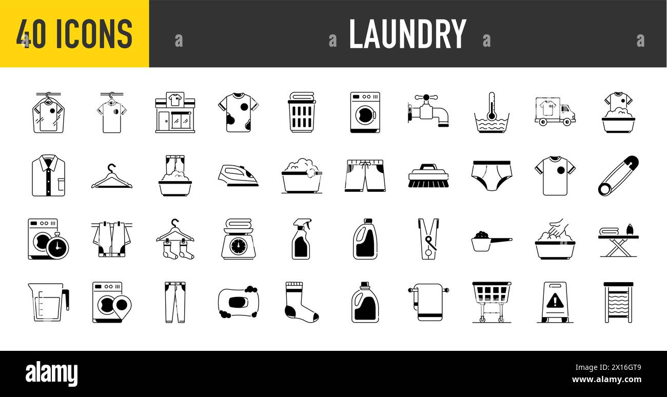 Vector set of laundry icons with of hand washing, dress, iron, washing powder for website and app Stock Vector