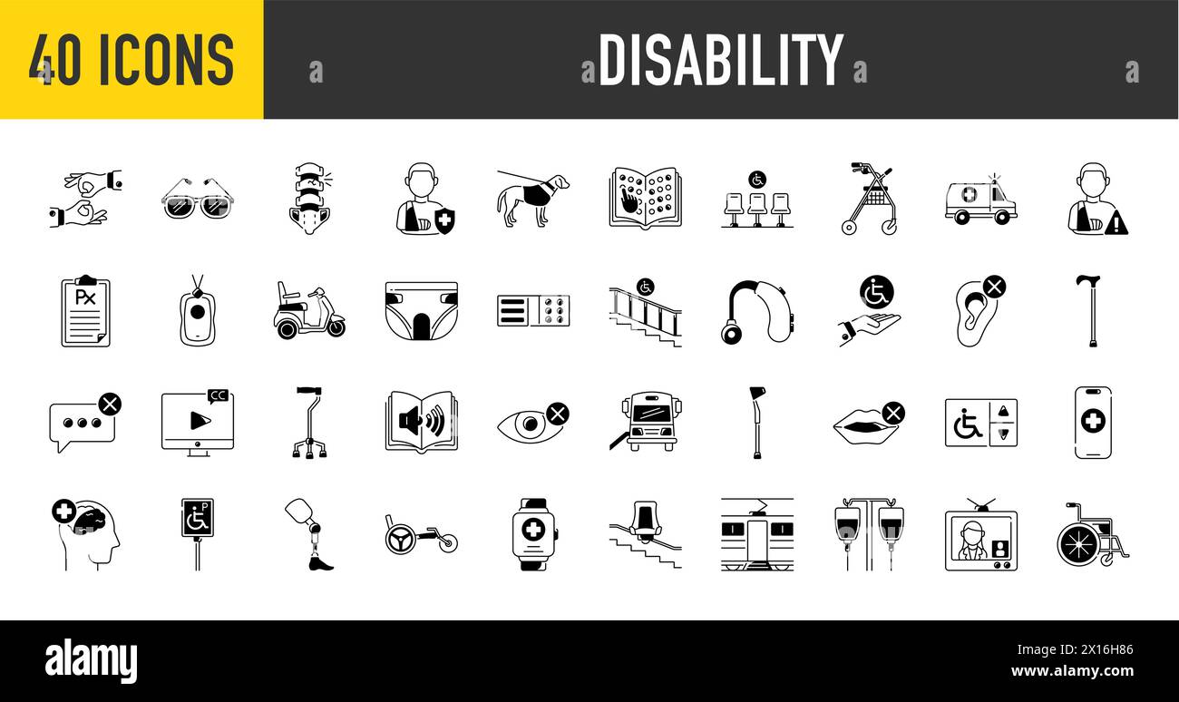 Disability web icon vector illustration concept with icon of disabled, blind, amputated, deaf-mute, deaf, walkers. Stock Vector