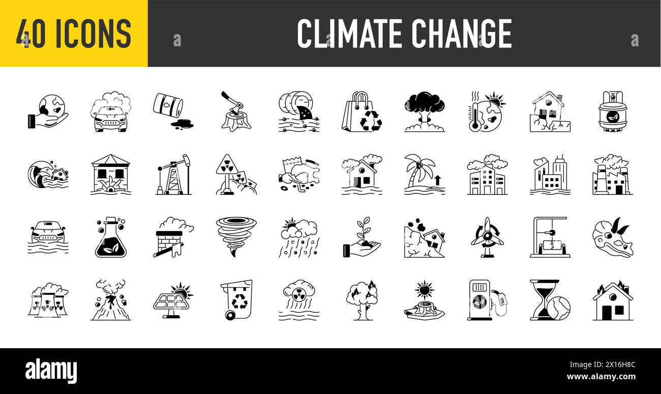 Climate change icon set. Containing global warming, greenhouse, melting ice, earth pollution and disaster icons. Solid icon set. Stock Vector