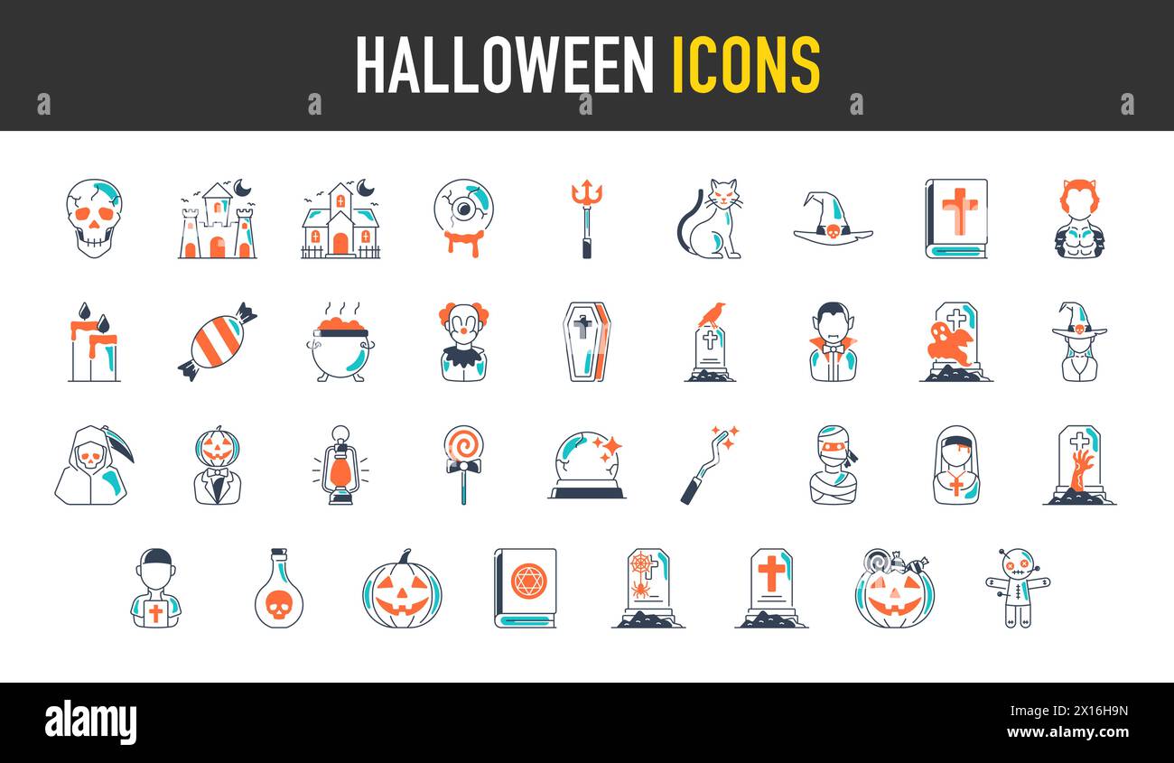 Halloween icon. include monster such as angle of death, dracula, mask of murderer, bat and cute ghost, abandoned house, owl, candle, black cat, candy. Stock Vector
