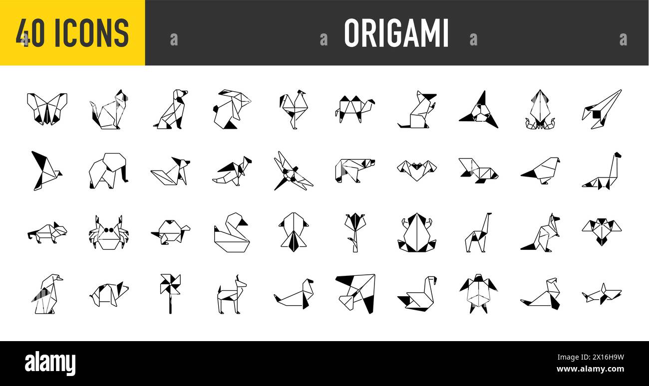 Origami Folded Paper Animals Shapes. Bird, Crane, Cat, Dog, Rhino, Fox, Mouse, Elephant. Flat Icon Illustration Set Collection Stock Vector