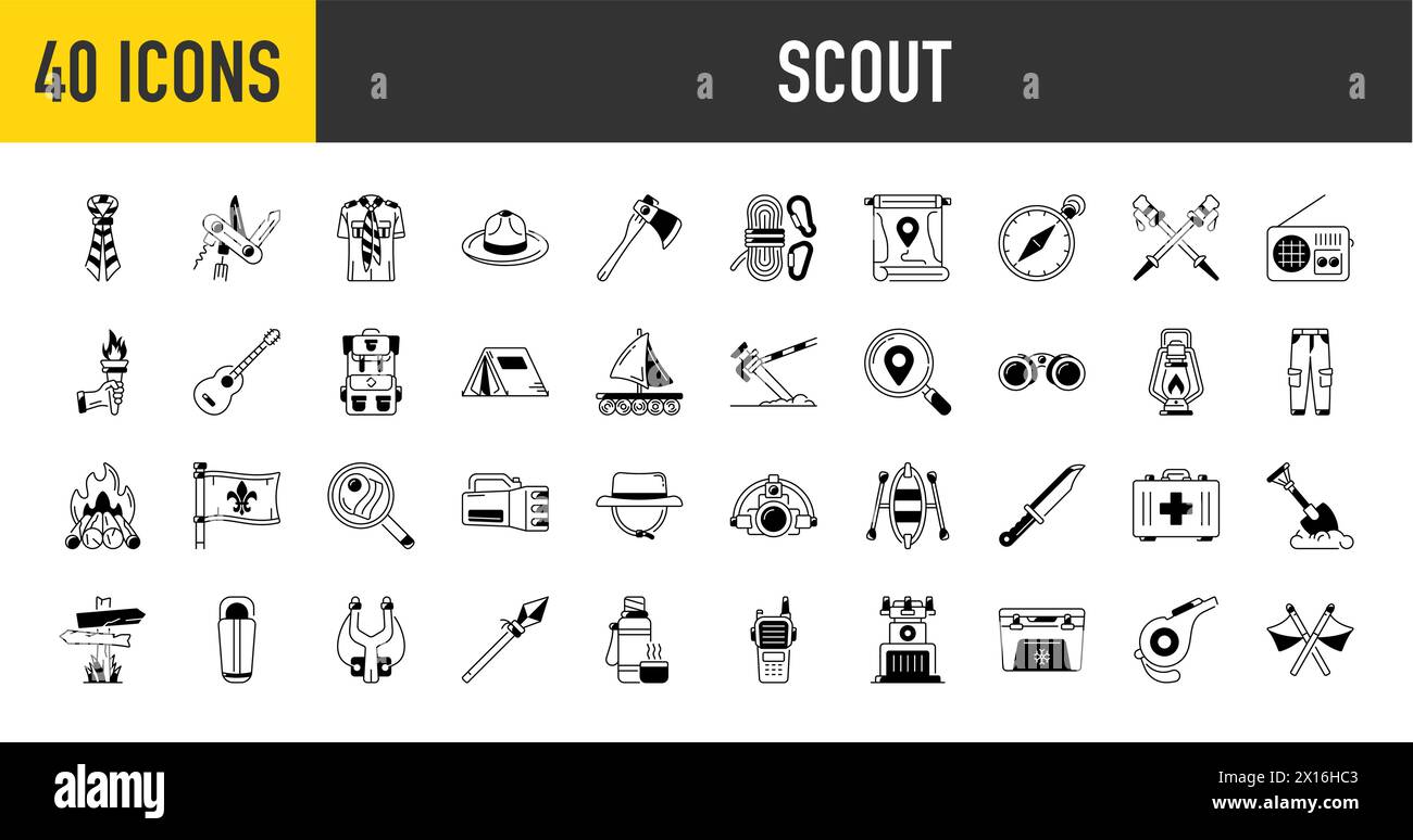 set of scout icons. Solid icons such as tent, shore, beanie, life vest, map, camping and more Stock Vector