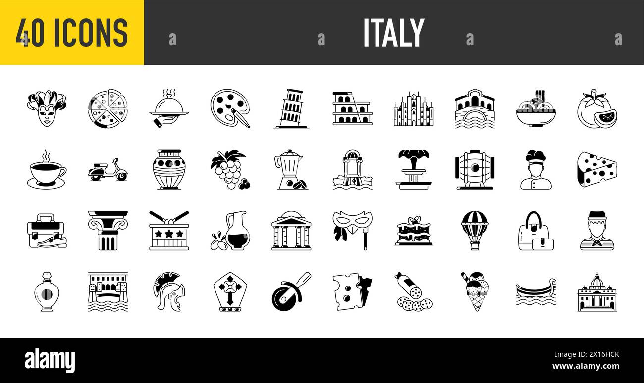 Italy icons set. Tourism and culture, thin design. Symbols of the country. isolated vector illustration. Stock Vector