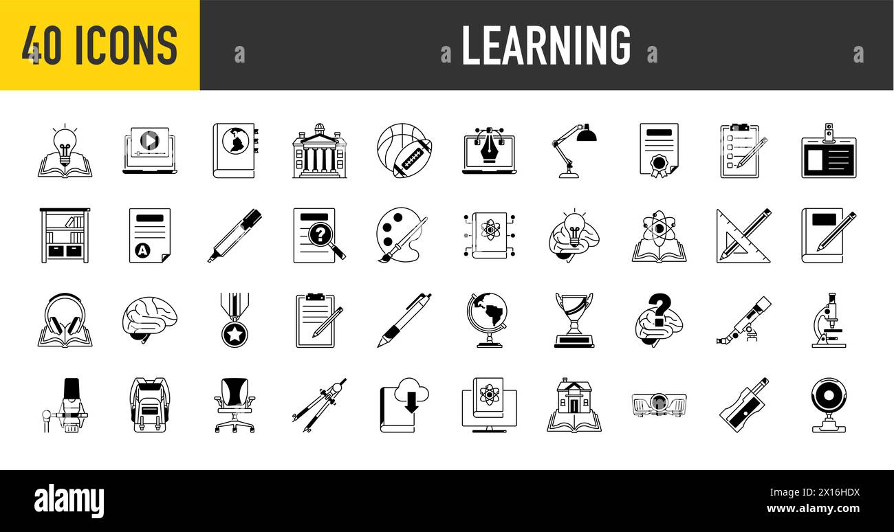 Learning set of web icons in solid style. Education icons for web and mobile app. E-learning, video tutorial, knowledge, study, school, university. Stock Vector