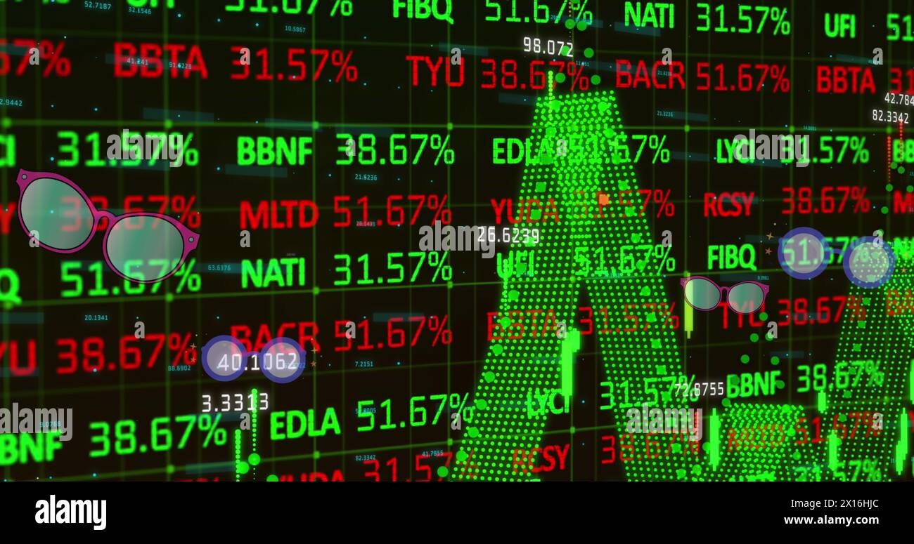 Image of graphs with numbers, spectacles and stock market over black