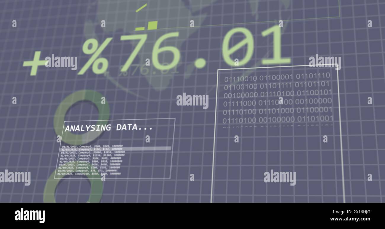 Image of binary codes, trading board, loading circles, rotating globe over abstract background Stock Photo