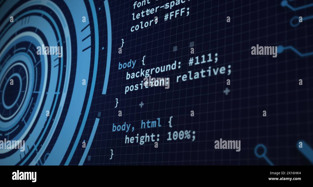 Image of loading circles, computer language and circuit board pattern over black background Stock Photo