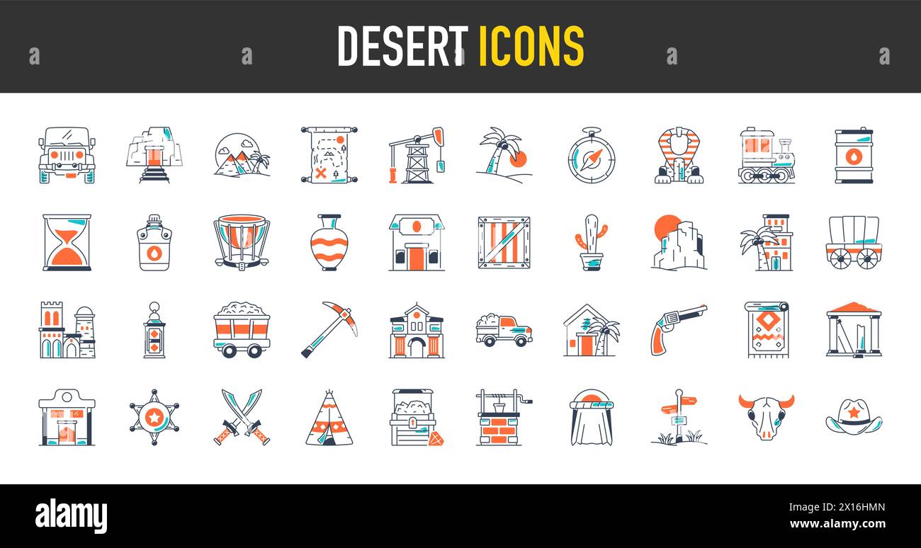 Desert vector icons. design concept, flat style art icons on white background Stock Vector