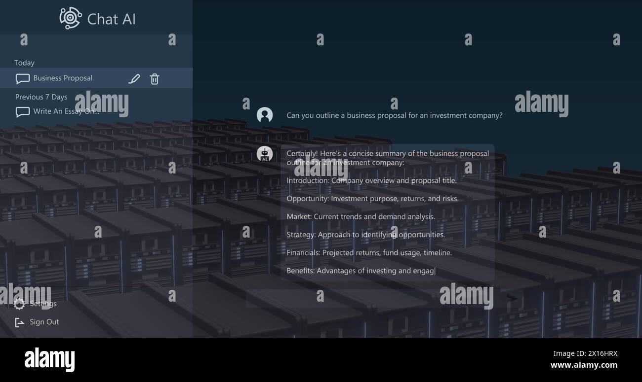 Chat ai logo and conversation text over data processing on computer servers Stock Photo