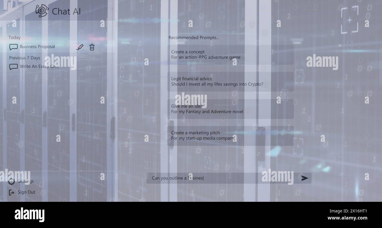 Chat ai logo and conversation text computer server room Stock Photo