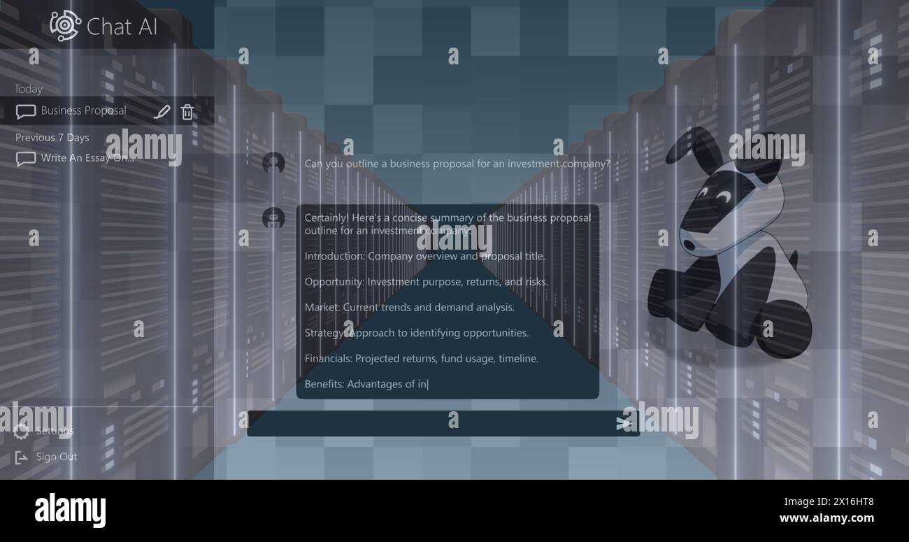 Chat ai logo, dog image and conversation text over servers in server room Stock Photo