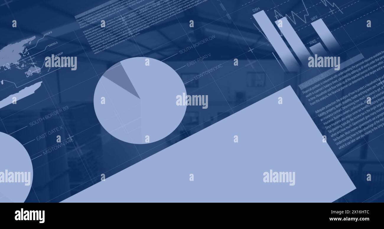 Image of statistical data processing against view of warehouse Stock Photo