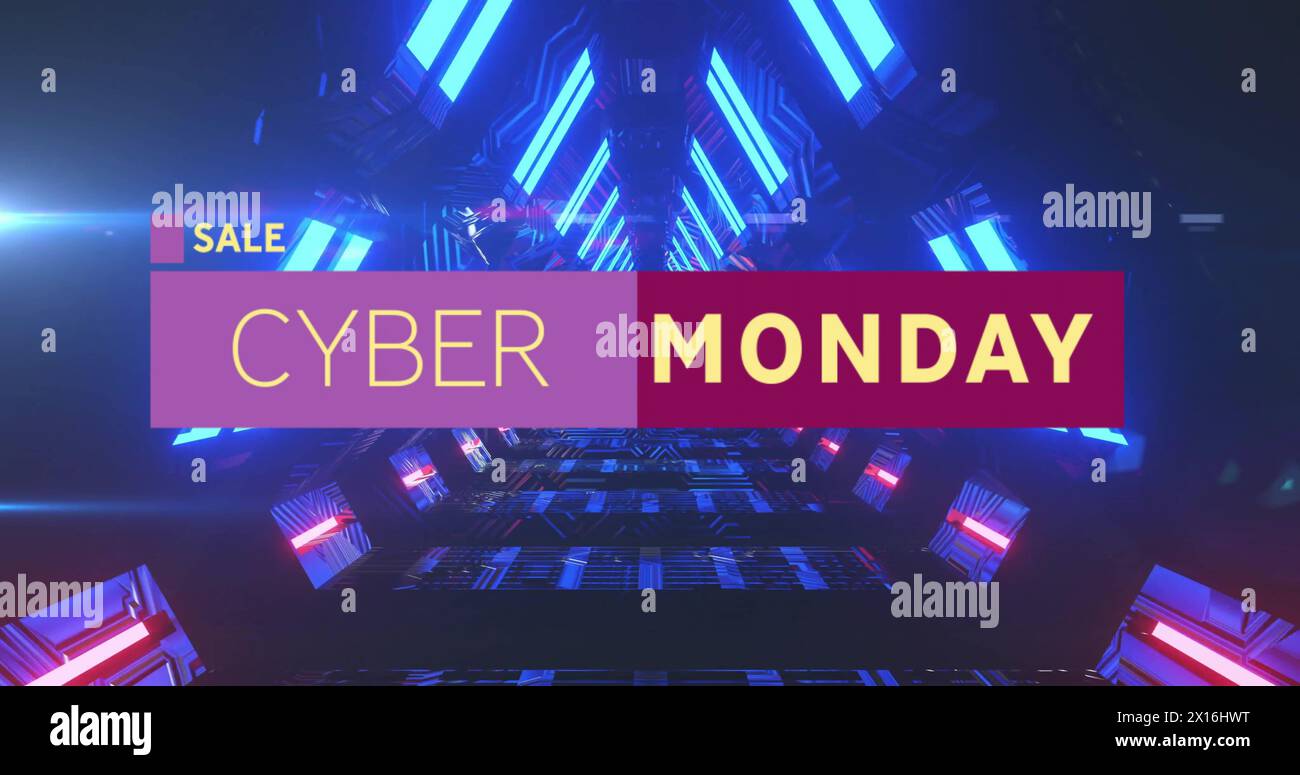 Image of cyber monday text over neon pattern background Stock Photo
