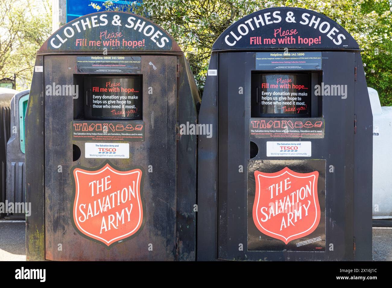 Salvation Army Charity bins, Salvation army, donation bins, collection bins, charity bins, collection, donation, Horncastle, Lincolnshire, UK, England Stock Photo