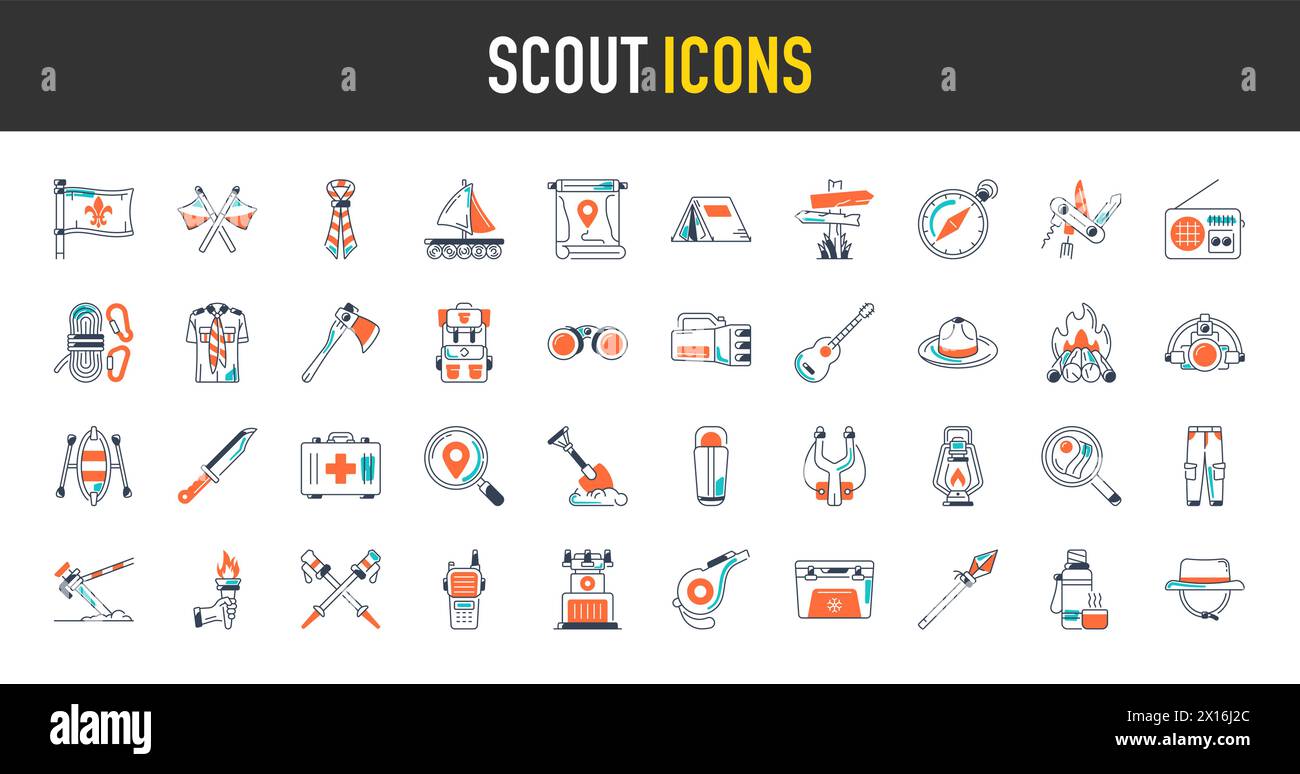 set of scout icons. Solid icons such as tent, shore, beanie, life vest, map, camping and more Stock Vector