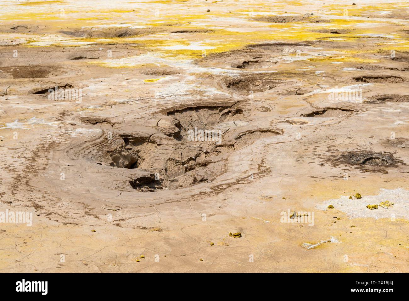 Hot geysers with sulfur and mud in the Stefanos crater on Nisyros island in Greece Stock Photo